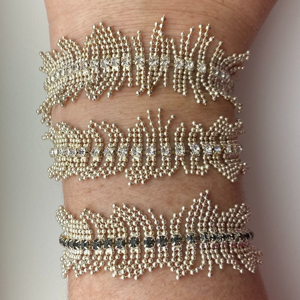 3 Delicate Elastic Bracelets: 2 Clear Rhinestone, 1 Dark Rhinestone with Silver